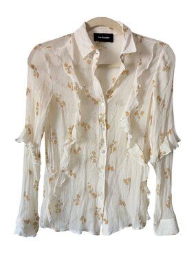 The Kooples Floral Ruffle 100% Silk Sheer Button-Up Blouse - White & Yellow Rose